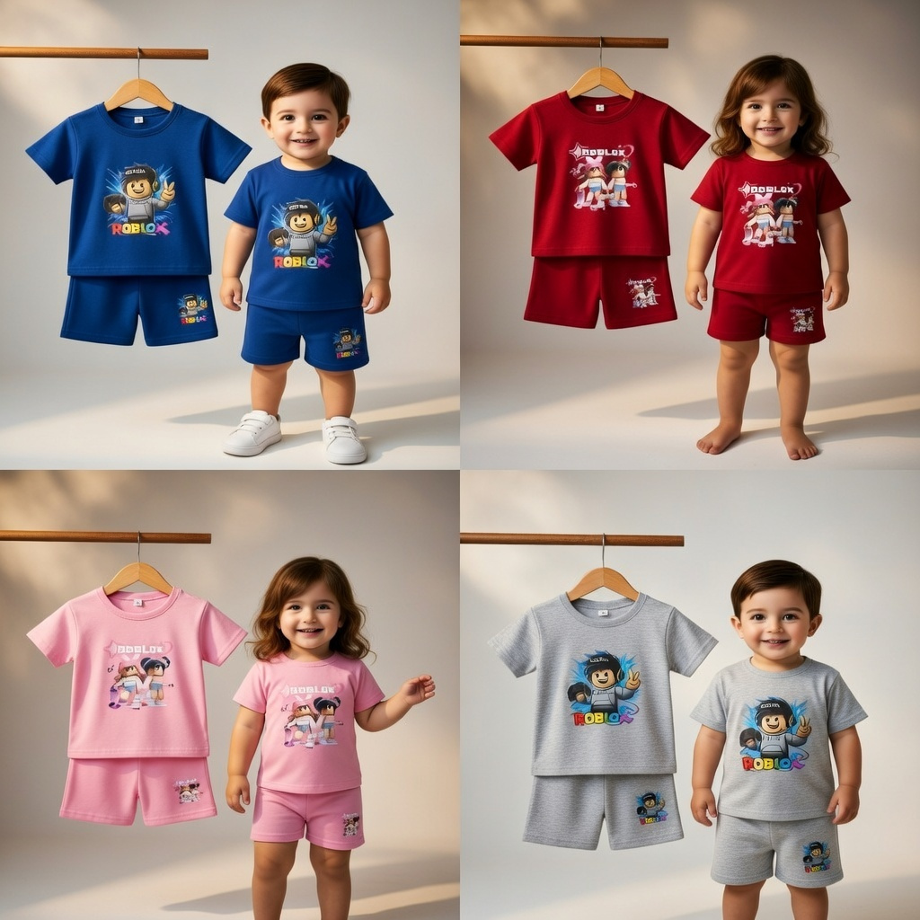 AZFI KIDS Paket Hemat 3 Pcs Setelan Anak Laki-Laki & Perempuan Motif Roblox Bahan Tebal Lembut Usia 