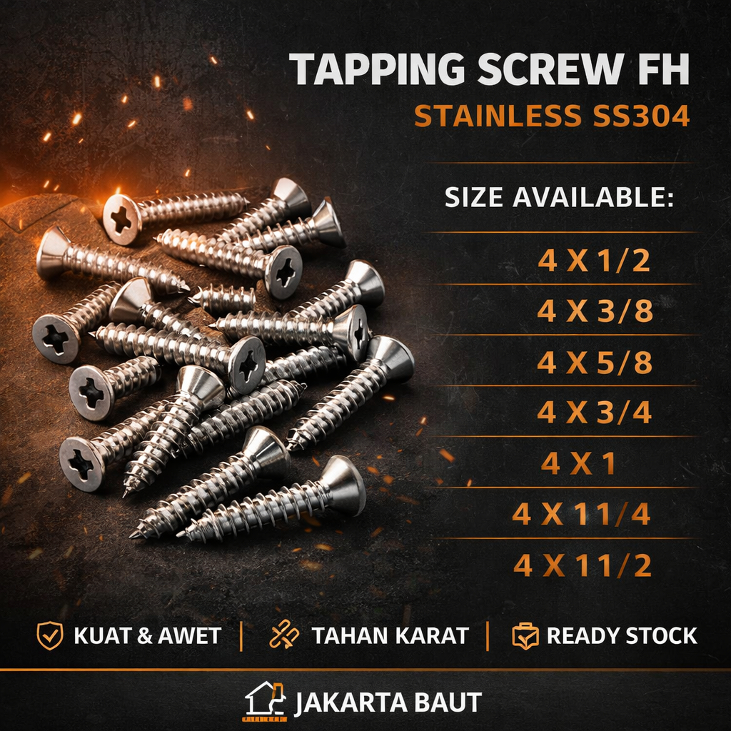 FAB 4X 3/8 Tapping Screw FH 4 X  3/8 Skrup Kepala Rata Stainless SS304