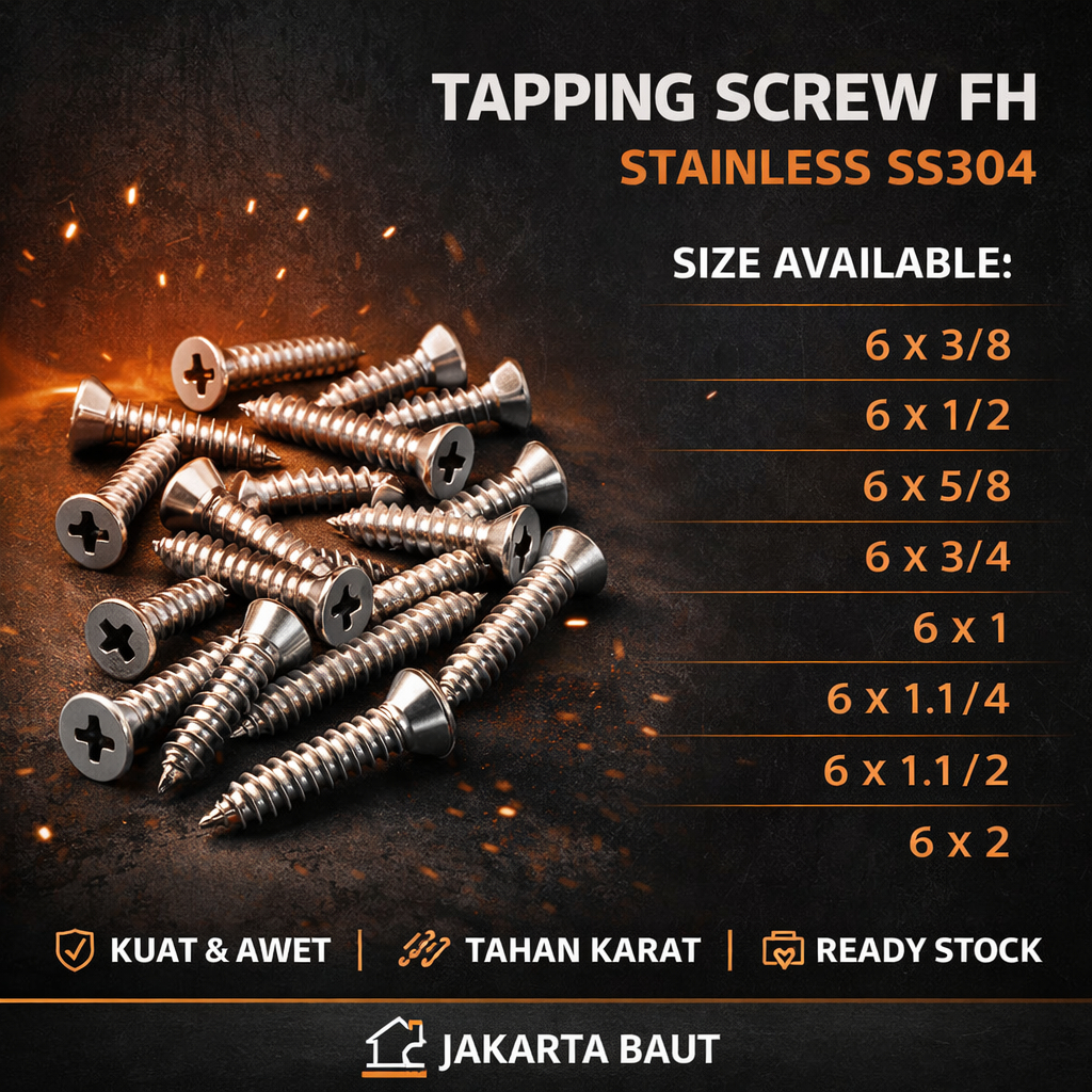 FAB 6X  3/8 Tapping Screw FH 6 X   3/8 Skrup Kepala Rata Stainless SS304