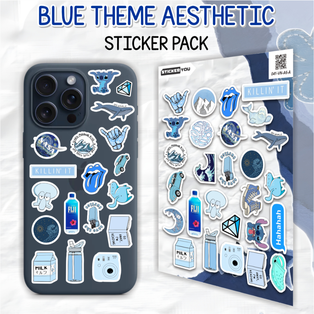 27pcs BLUE THEME Sticker Pack| Stiker Tahan Air Anti Luntur | Aesthetic Sticker HP Laptop | Vinyl La