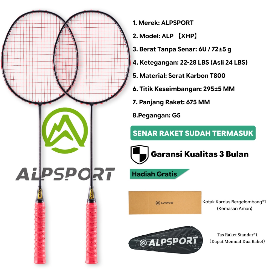 ALPSPORT XHP Set 2 Raket Bulutangkis + Tas 6U G5 Max 28LBS Merah Full Carbon Serat Karbon T800 Senar