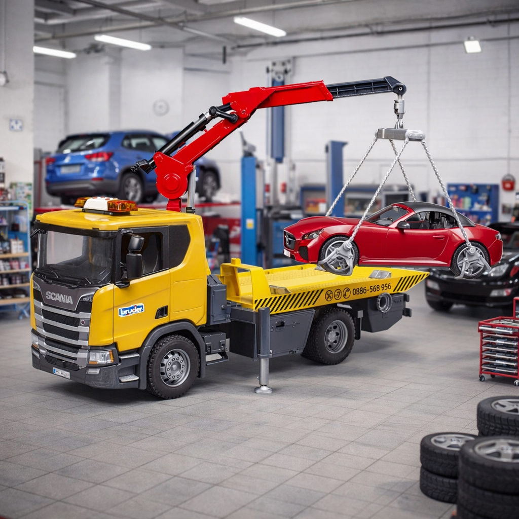 Bruder 3552 Scania Super 560R Tow Truck w/ L&S Module & Roadster - Mainan Truk Derek 2in1