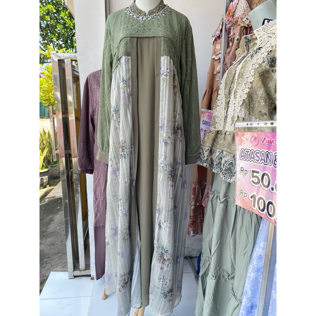 Gamis Ceruti Mix Tile Kerah Payet Belah Tengah - SAGE