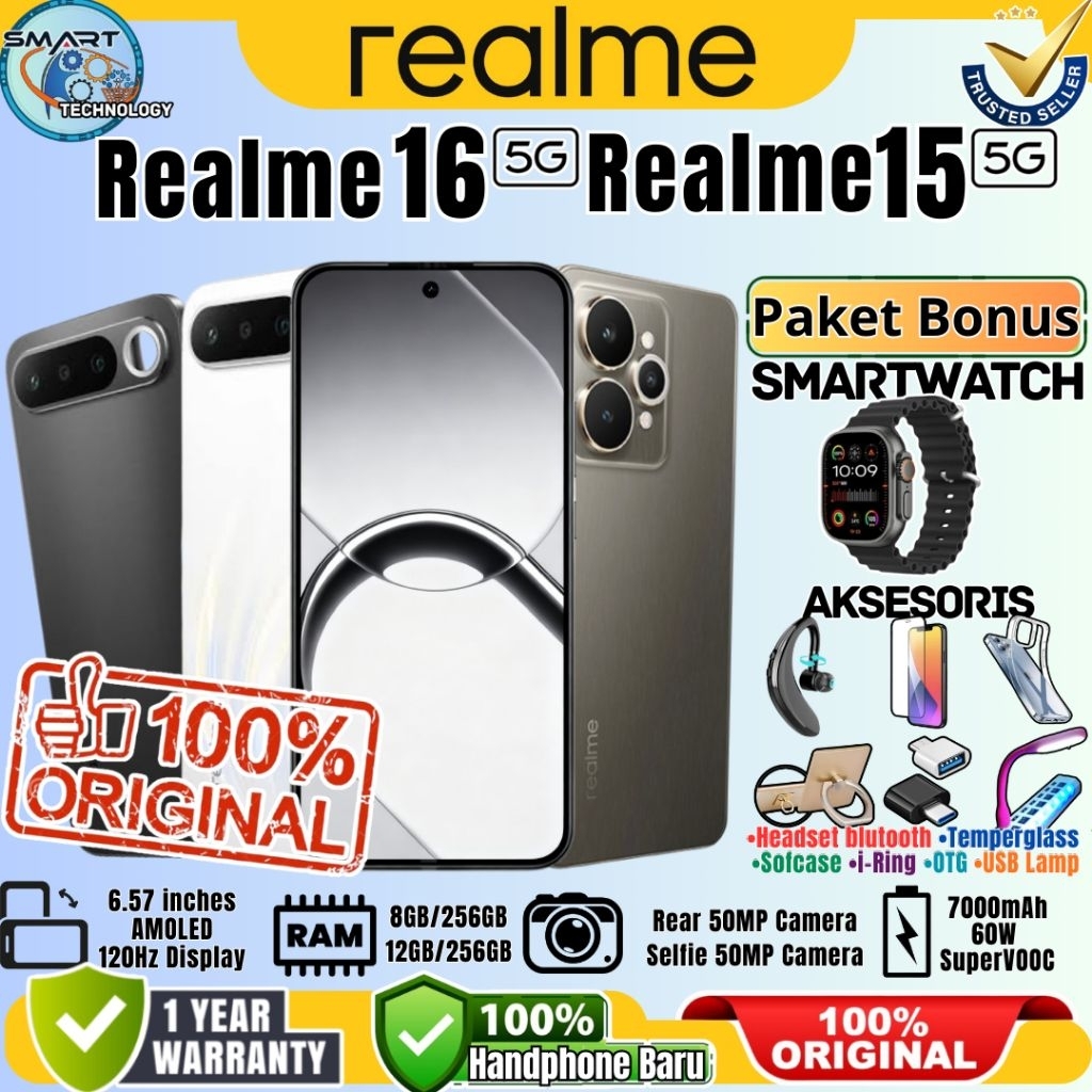 Hp Realme 16 5G | Realme 15 5G [ 8/256GB - 12/256GB ] AI Potrait Master Camera 50mp Front 50mp Rear 