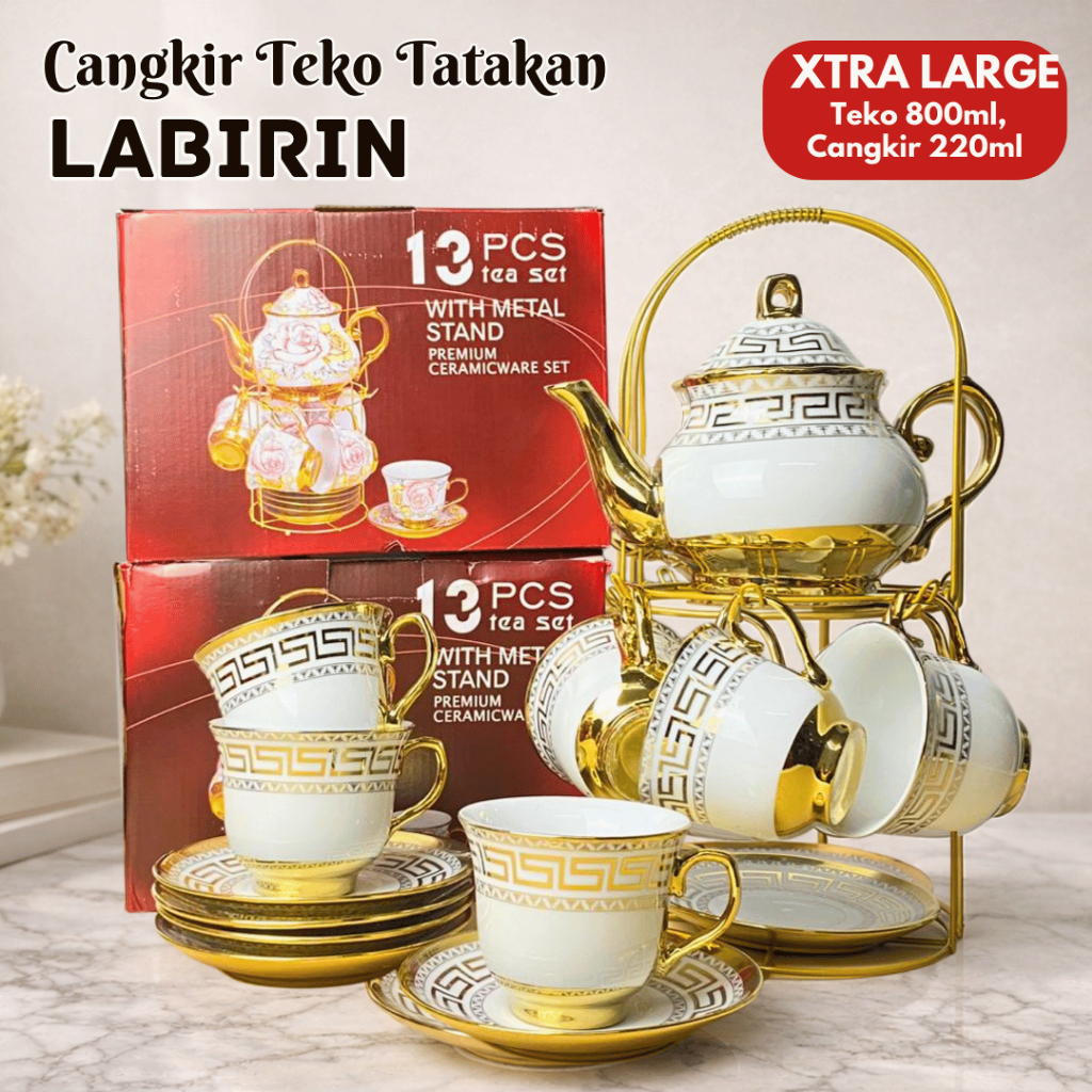 Hampers Tea Set Keramik Cangkir Teko Tatakan LABIRIN Pajangan Set Souvenir Gelas Mug Mewah