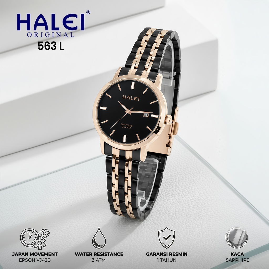 HALEI IND 593 L - Bergaransi Jam Tangan Wanita Kecil Elegan Anti Air Rantai Stainless Ada Tanggal