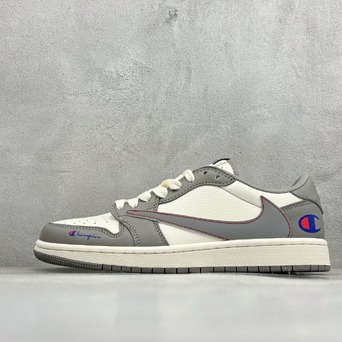 Sepatu Air Jordan 1 Low x Champion Abu-abu Putih Pria Wanita Premium Anti Slip