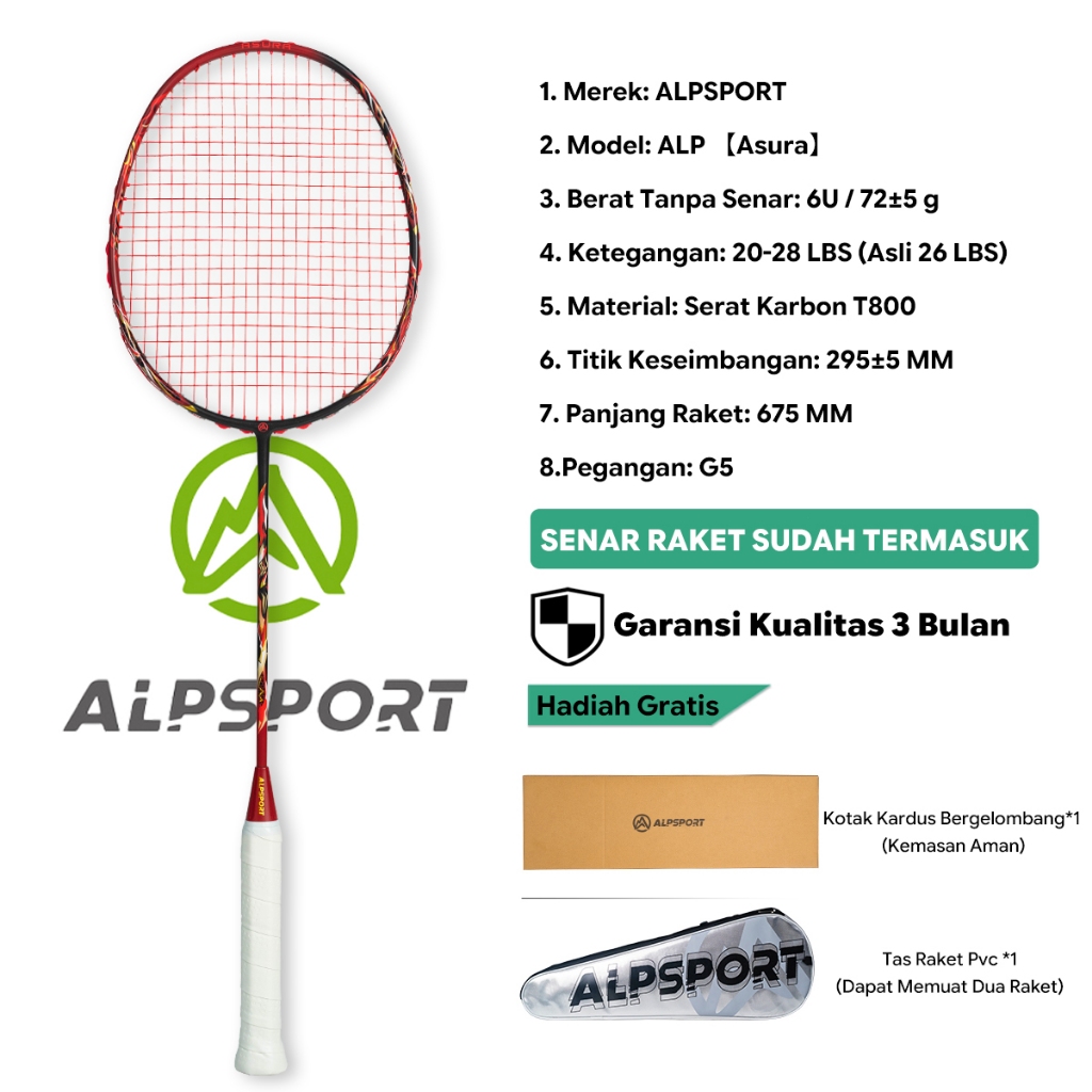 ALPSPORT Asura 6U 84g Max 28LBS Raket Bulutangkis Full Carbon Serat Karbon Super Ringan Senar Grip T