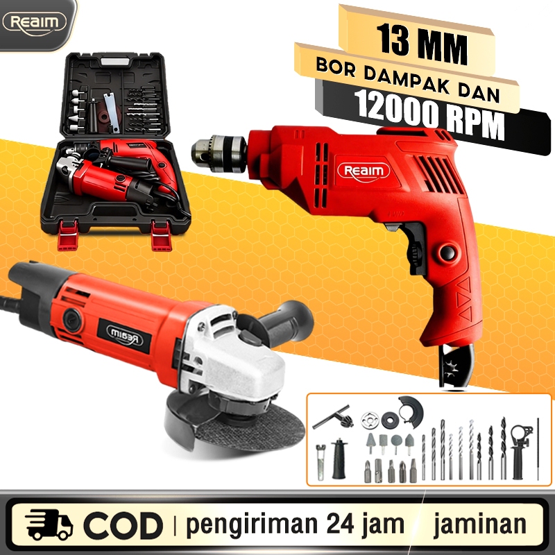 REAIM Mesin Gerinda Tangan bor dan gerinda 13mm mesin grenda Mesin Bor Listrik Gerinda dan Bor paket