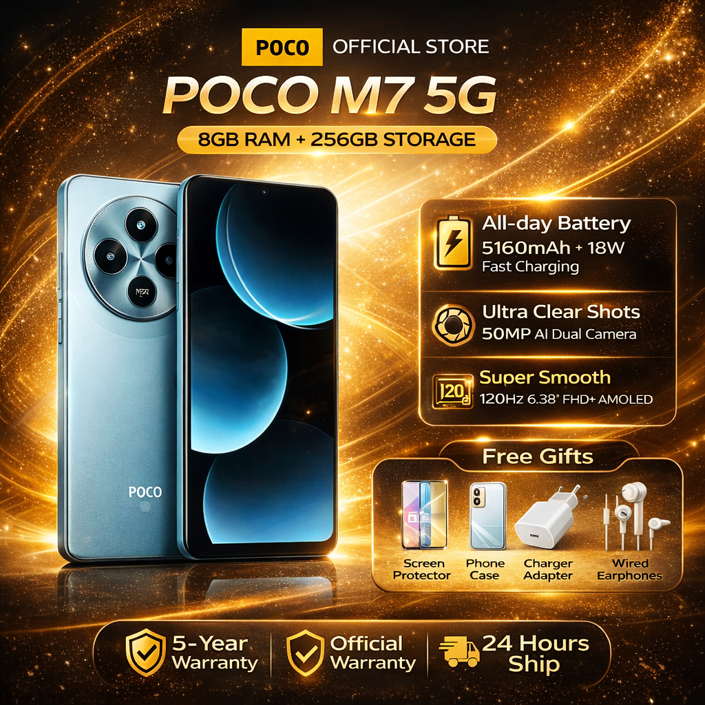 POCO M7 5G (8GB/256GB) Baterai besar 5160mAh dengan pengisian daya 33W | Layar imersif 6.8" 120Hz | 
