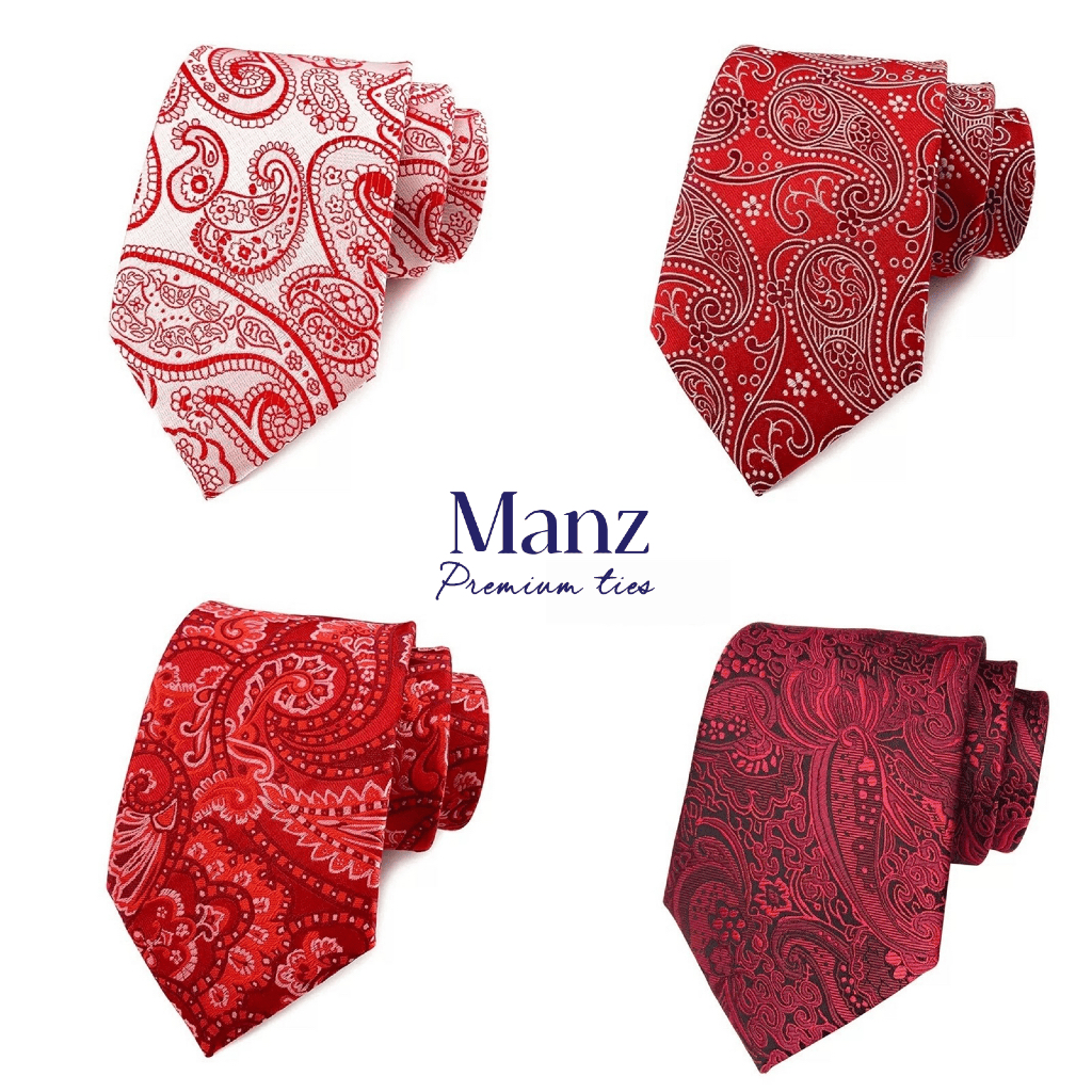 Manz Collection - Dasi panjang pria formal merah maroon merah putih bermotif batik premium