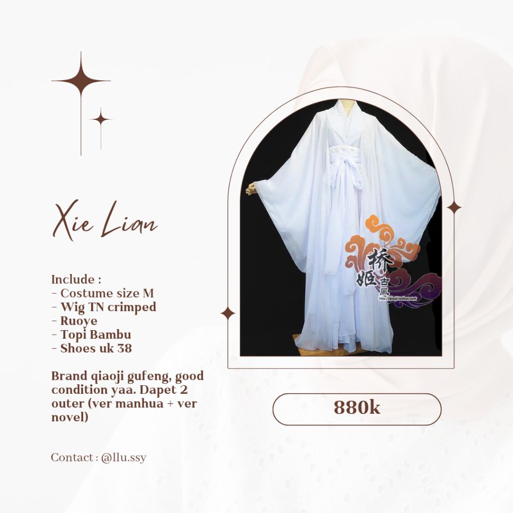 WTS Cosplay Xie Lian TGCF Heaven Officials Blessing Costume Wig Topi Bambu Sepatu Fullset Preloved