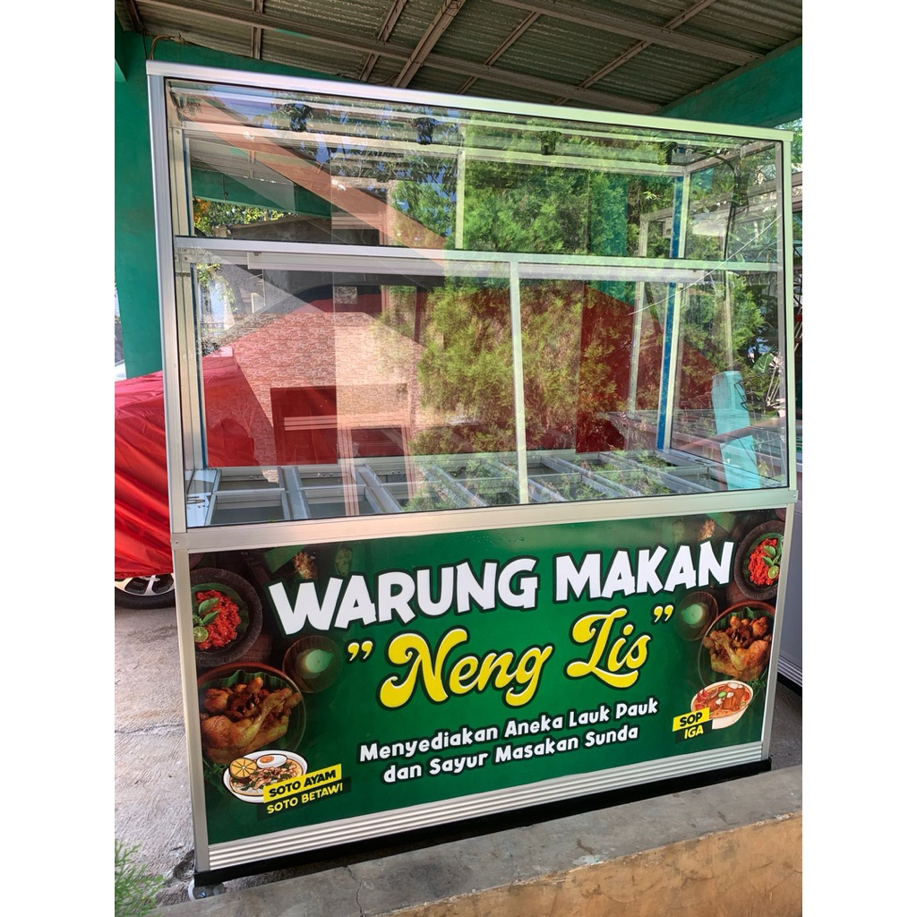 etalase booth gerobak dagang makanan prasmanan 150cm model bain marie stiker + 4 lampu + 1 neon