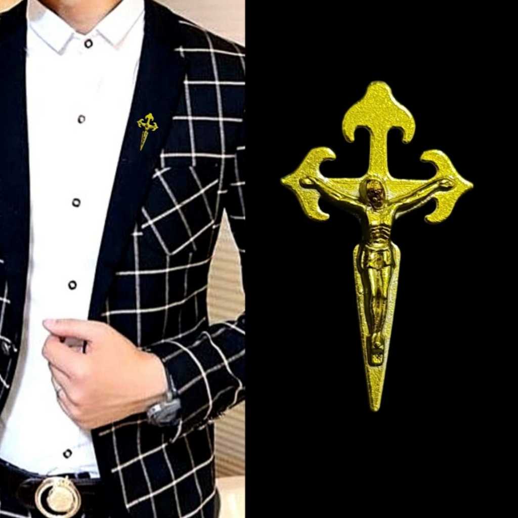 Metal Golden Cross Pin Bros Jas Kameja Tuxedo Mens Pria Salib
