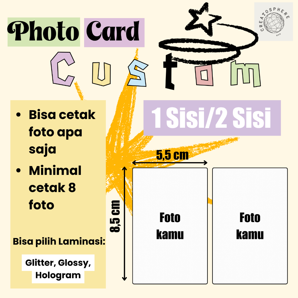 [Min Order 8 pcs] Cetak Photocard Berkualitas (1 sisi/2 sisi) Glitter/Glossy/Hologram - Custom Photo