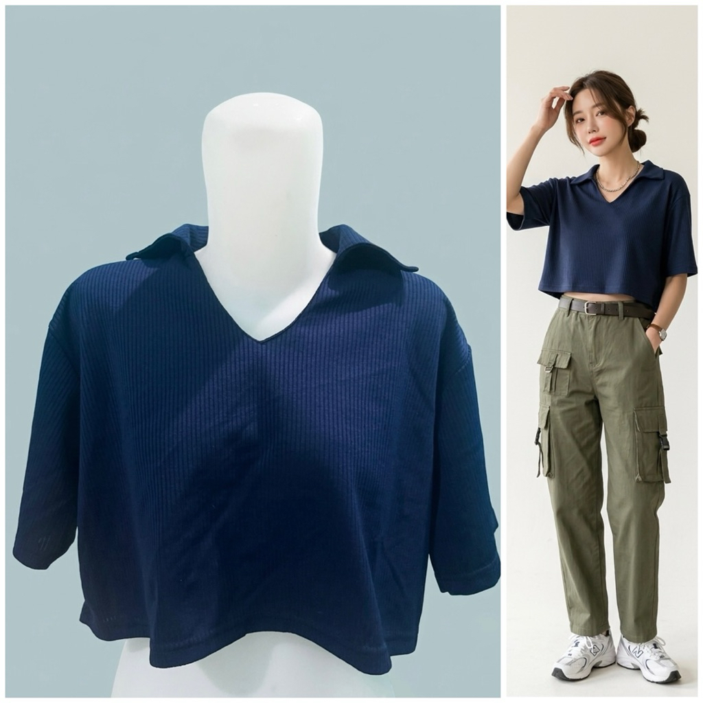 Polo Crop Top Rib Wanita - Atasan V-Neck Kerah Lengan Pendek