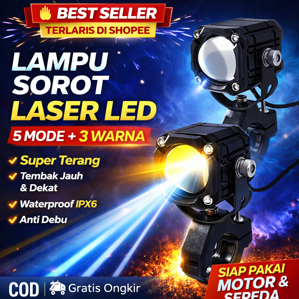 Lampu Sorot LED Laser Motor 5 Mode 3 Warna Tembak Jauh Dekat Waterproof Lampu Tembak Motor Sepeda