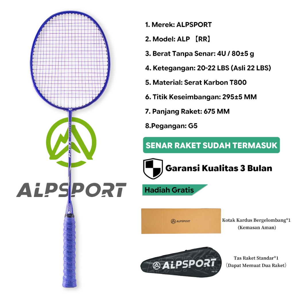 ALPSPORT RR Set 2 Raket Bulutangkis + Tas 4U G5 Full Carbon Serat Karbon T800 20-22Lbs Senar Terpasa