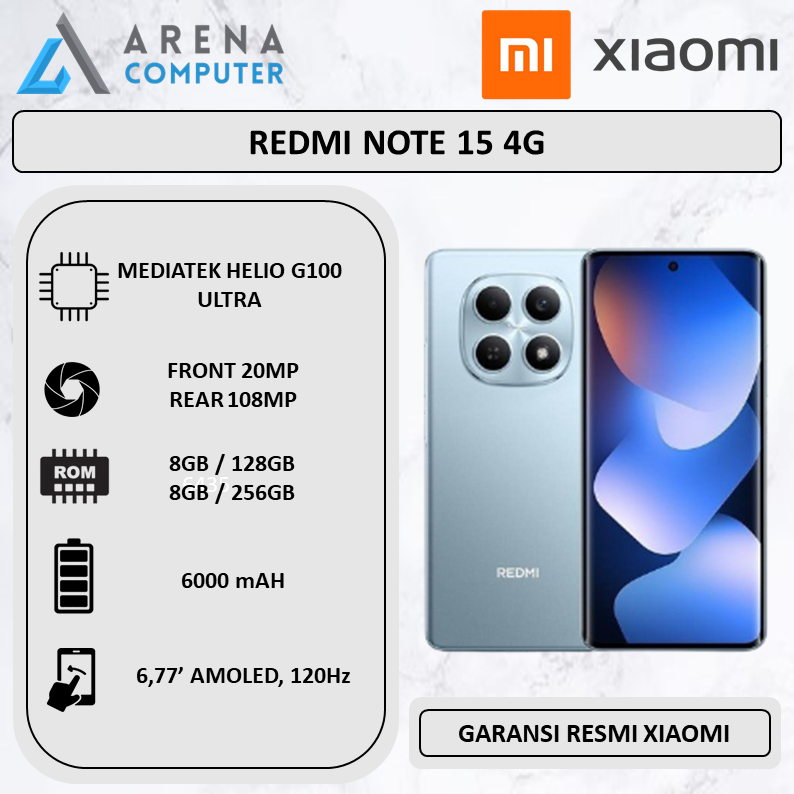 Xiaomi Redmi Note 15 4G Glacier Blue | 8GB/128GB 8GB/256GB | Desain Tipis dan Ringan | Layar AMOLED 