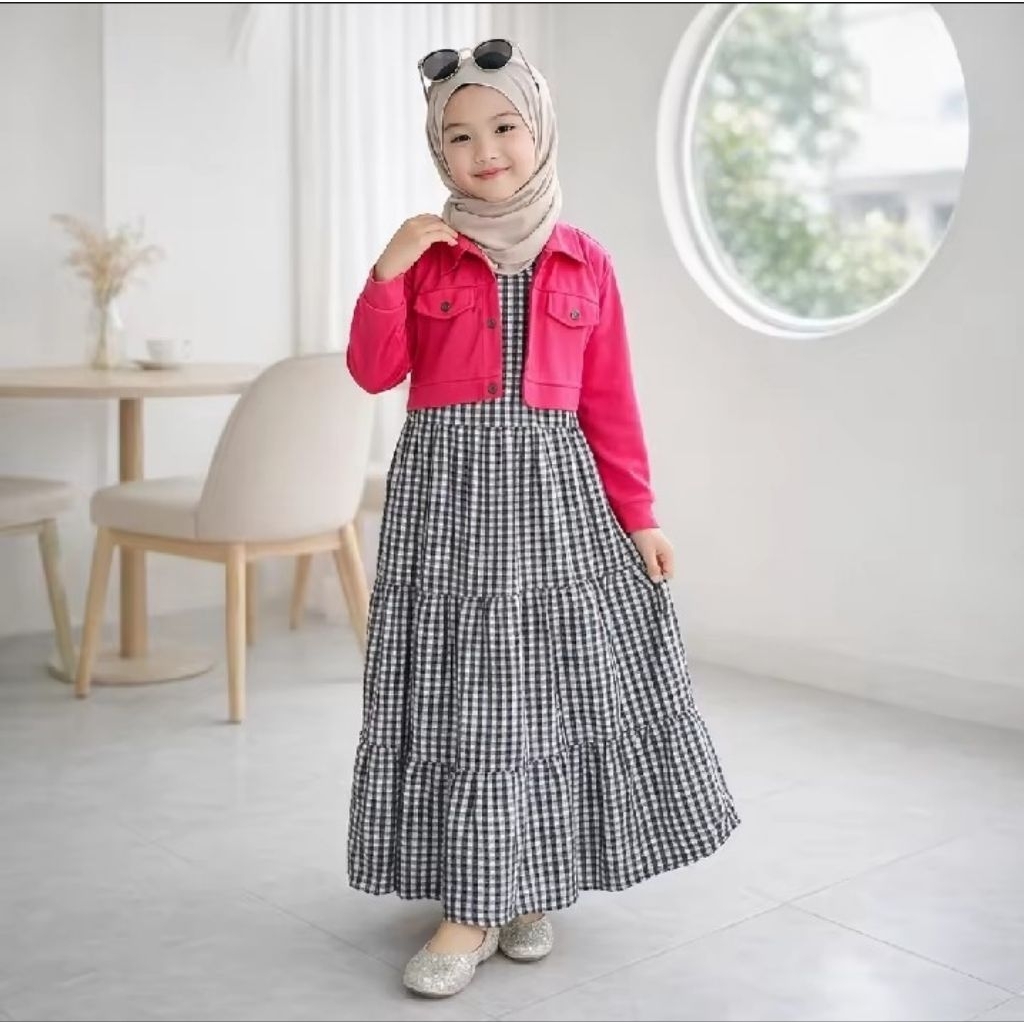 Gamis Anak Perempuan Set Balero Rompi Kinara - Dress Kotak Kekinian