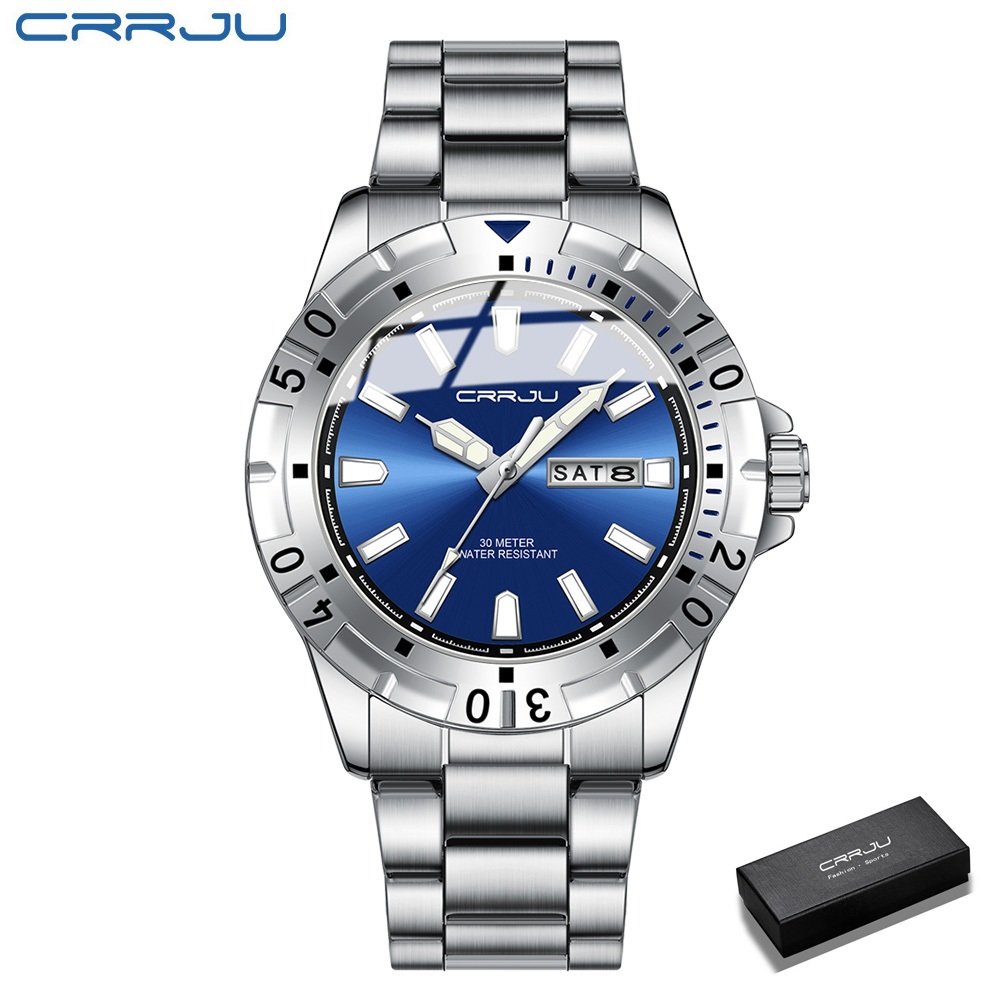 CRRJU Jam Tangan Pria Kuarsa Anti Air Bercahaya Stainless Steel Kalender Minggu Men Watch 100% Origi
