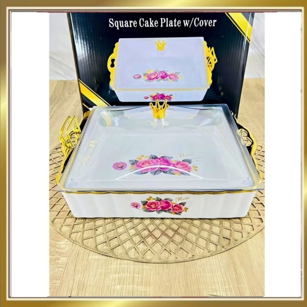 Wadah Saji Kue Kotak Keramik Motif Rose Luxury - Square Cake Plate with Cover Tutup Transparan Mahko