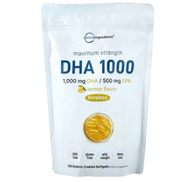 Micro Ingredients  DHA 1000, Lemon, 200 Enteric  Coated Softgels