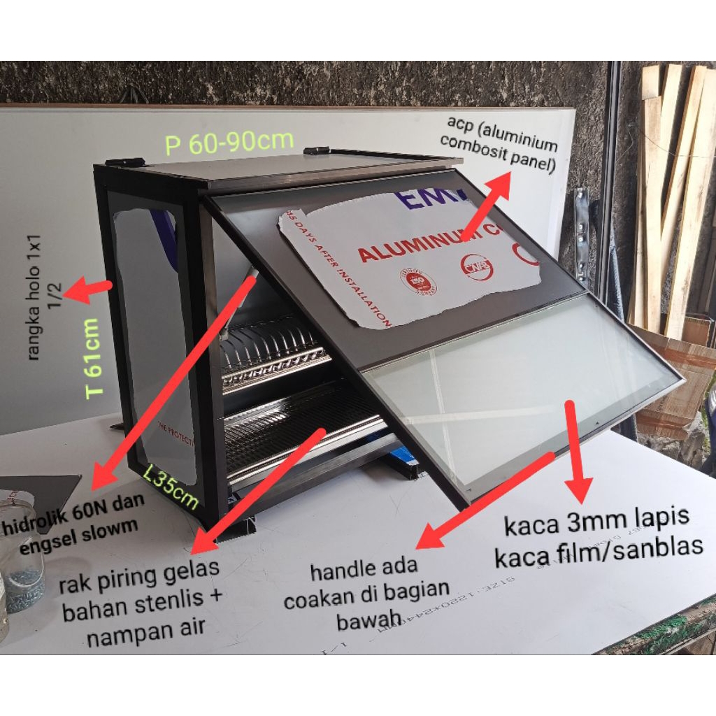 kitchen set gantung bahan aluminium bagian lemari rak piring gelas