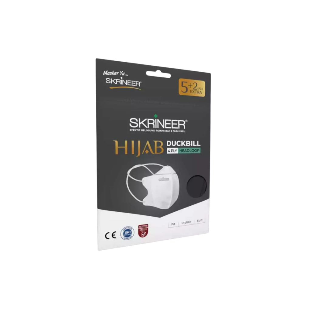 Skrineer Masker Duckbill Hijab White 4 Ply – 5+2 pcs | Masker Medis Headloop Hologram Original