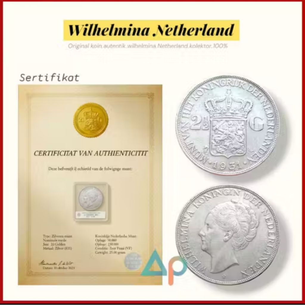 Koin Perak Wilhelmina Netherland Desain Elegan