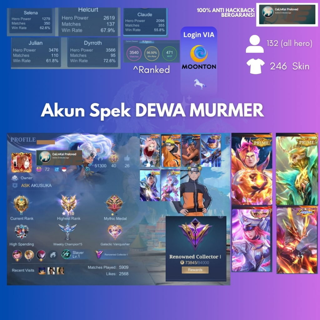 Akun ML Mobile Legend Spek DEWA MURMER | PRIMER GRANGER CLAUDE | Naruto Sakura | Legend Freya | Alls