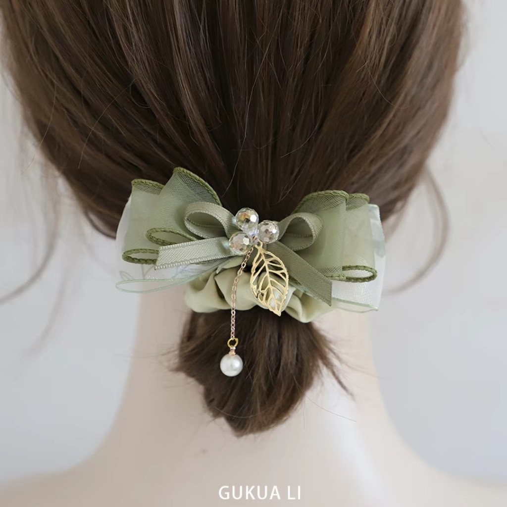 matcha green bow hair tie forest firl