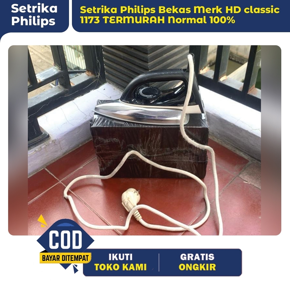 Setrika Philips Bekas HD Classic 1173 Normal 100% Hitam Perak Kabel Putih