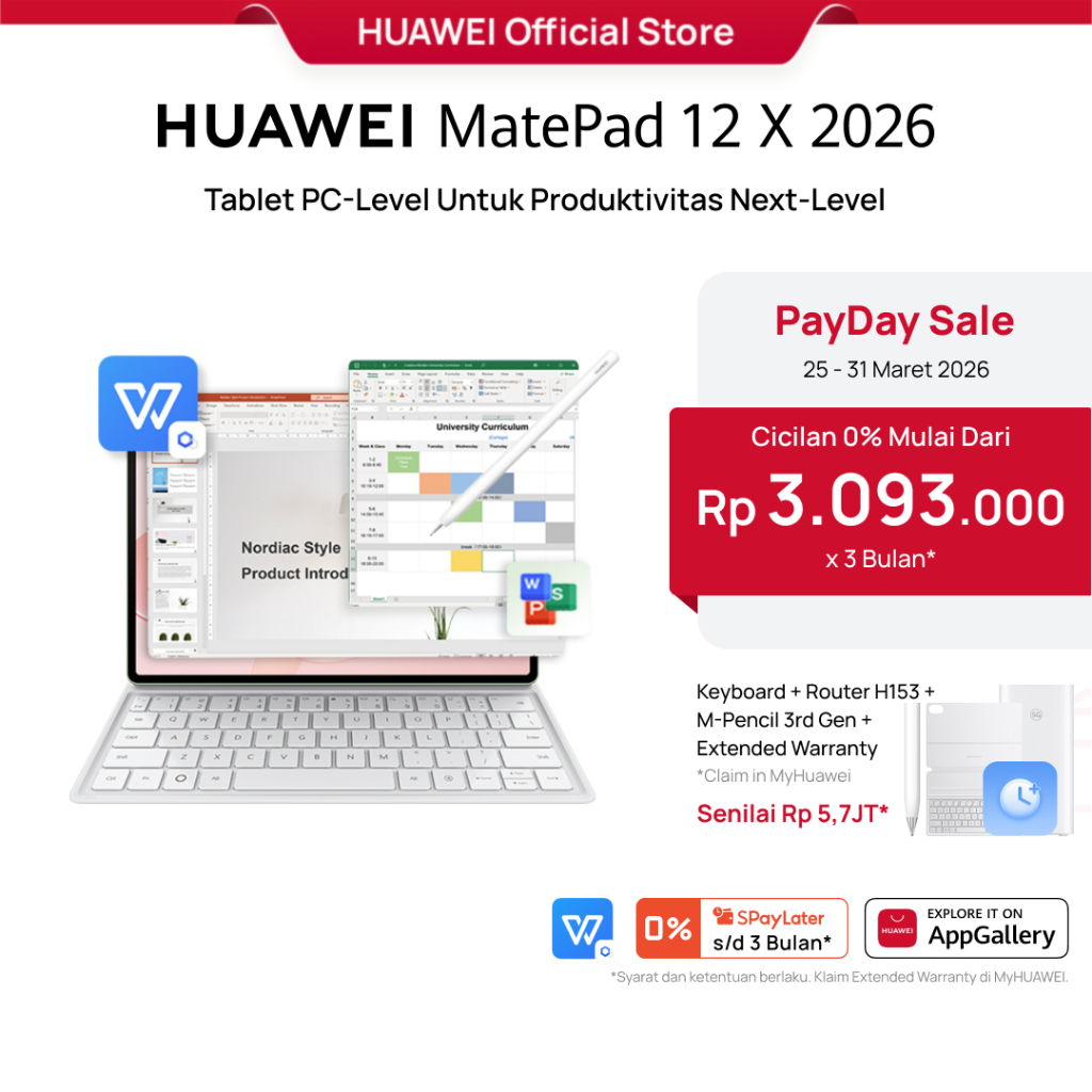 [PayDay Voucher s/d 15%] HUAWEI MatePad 12 X 2026 Tablet l PC-Level WPS 3.0 l Layar PaperMatte Ultra
