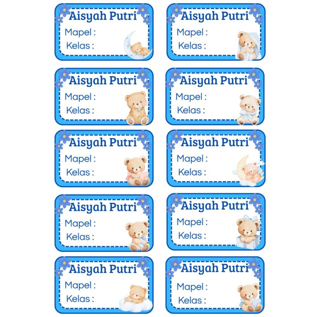 LABEL NAMA BUKU SEKOLAH KARAKTER BERUANG LUCU