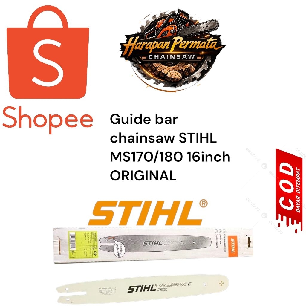 GUIDE BAR CHAINSAW MS170/MS180 16" CHAINSAW BAR GERGAJI STIHL ORIGINAL SIAP PAKAI