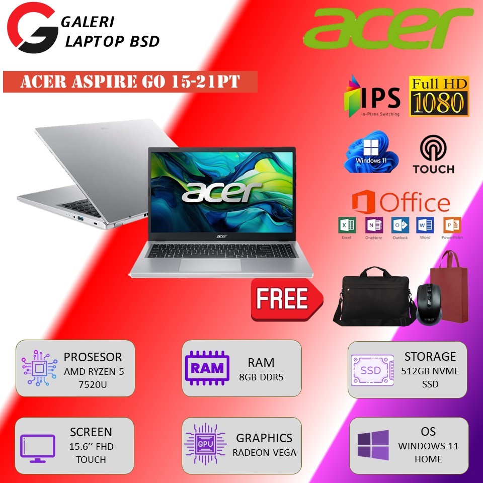 Laptop ACER Aspire Go 15-21PT Amd Ryzen 5 7520U Ram 8GB DDR5 512SSD 15.6" FHD IPS Touch Windows 11