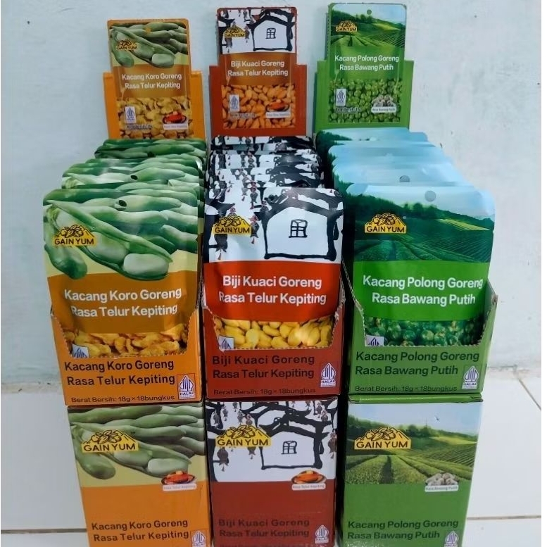 GAIN YUM BOX- Kuaci kupas rasa telur kepiting/kacang koro dan kacang polong 18×18gr