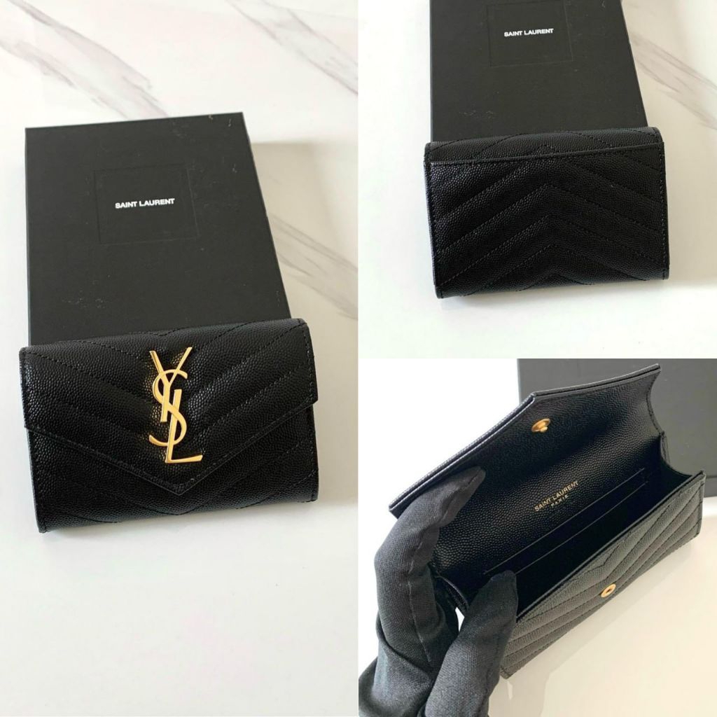 Saint Laurent YSL Small Wallet Envelope Card Case Black Caviar Ghw