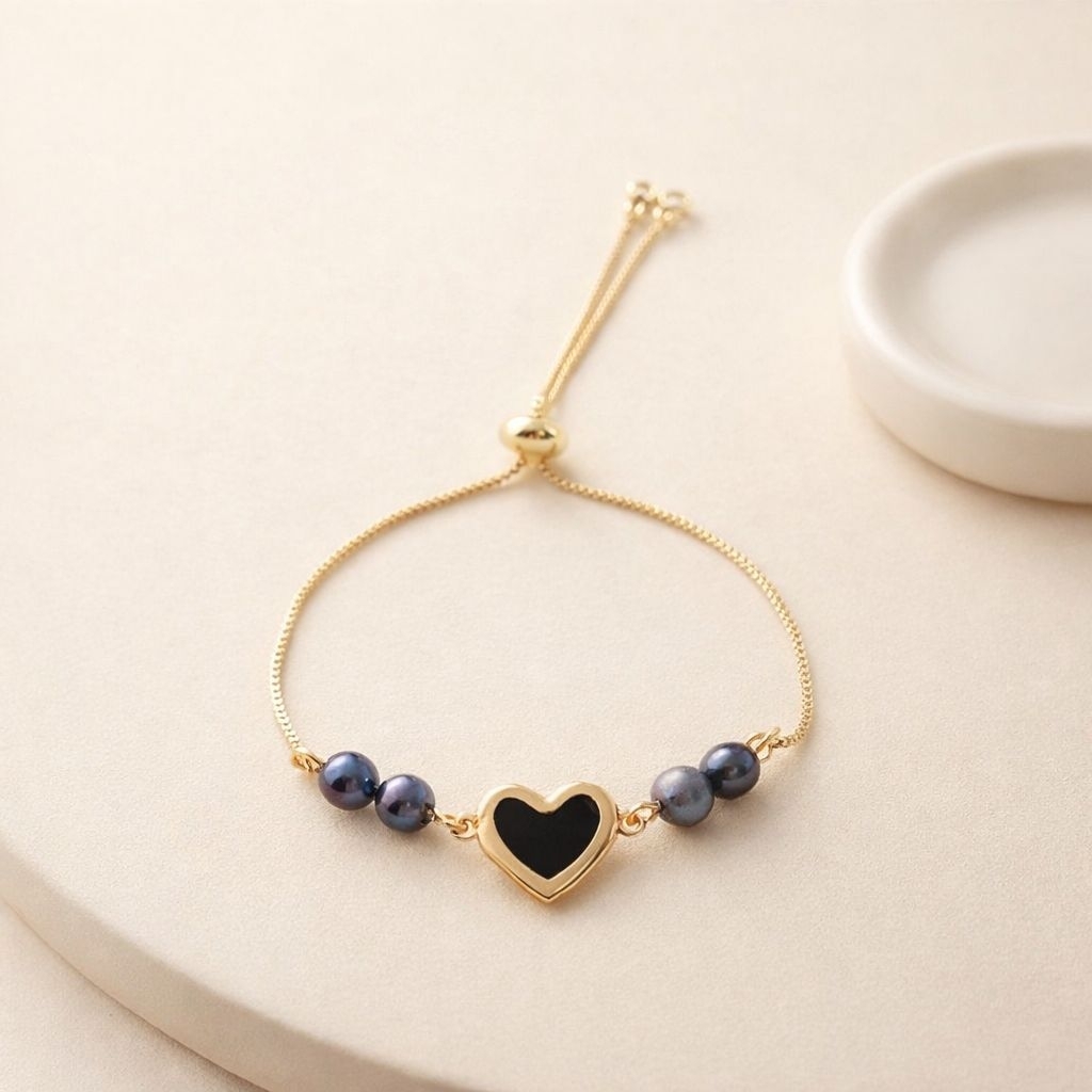 Gelang Wanita Adjustable Rantai Emas Hati Hitam & Mutiara Asli – Elegan Minimalis Fashion Jewelry