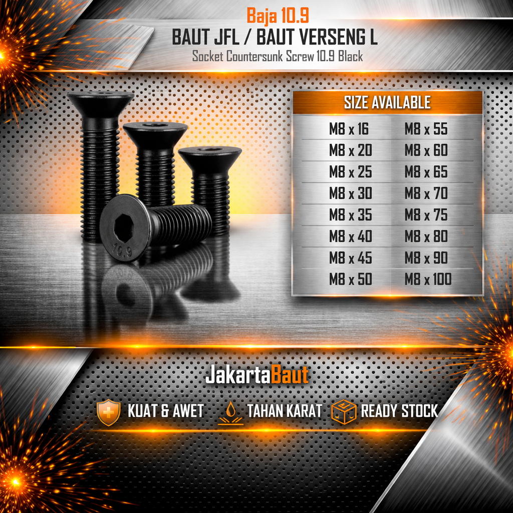Baja 10.9 Baut JFL M8X65 / Baut Verseng L 8X65 / Countersunk L M8 X 65 / 8 X 65  - Socket Countersun
