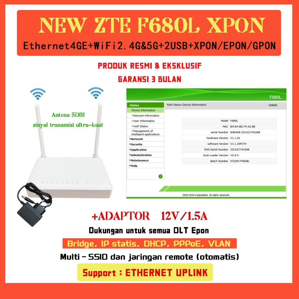 ZTE F680L XPON ONU Dual Band Gigabit | Produksi Sendiri Eksklusif | Stabil Max | Kompatibel Sepenuhn