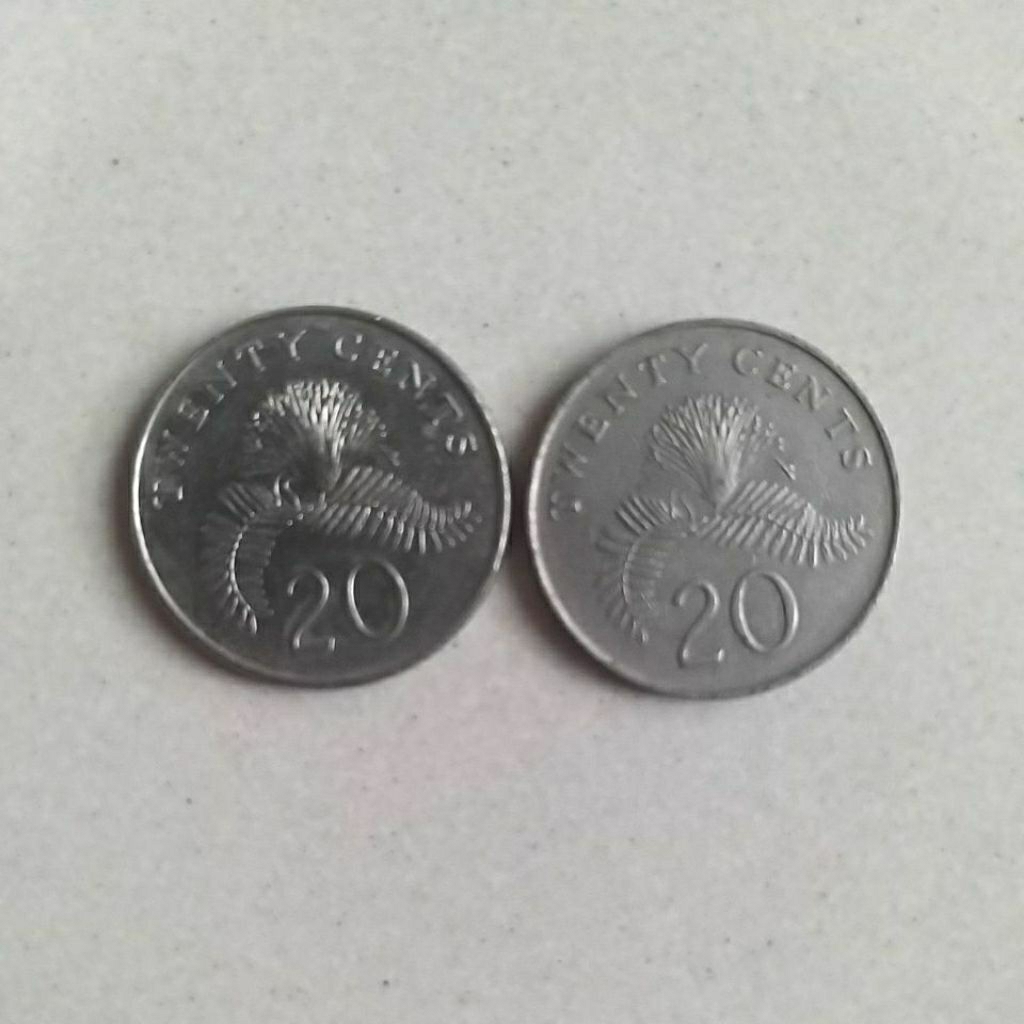 uang koin lama singapura 20 sen, harga tertera untuk 2 koin
