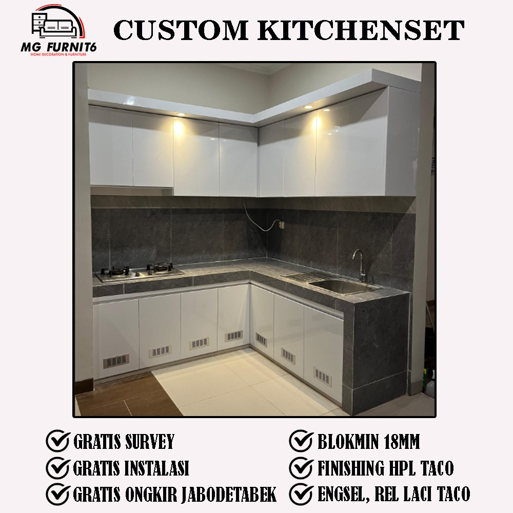 Promo KichenSet Minimalis Custom Blokmin 18mm Finishing HPL Taco | Kichen Set Dapur | Lemari Dapur F