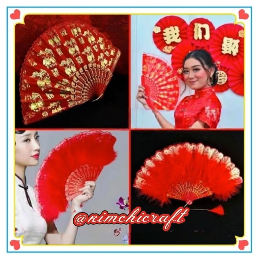 (1PCS)NEWKIPAS WEDDING SHUANG XI / KIPAS MERAH PENGANTIN / KIPAS SANG JIT IMPORT / KIPAS BULU MERAH 