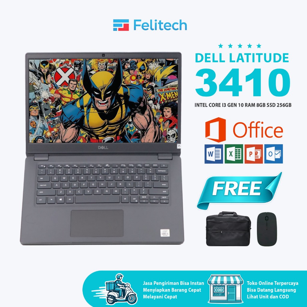 Laptop Dell Latitude 3410 Core i3 Gen 10 RAM 16GB SSD 512GB bonus tas dan mouse