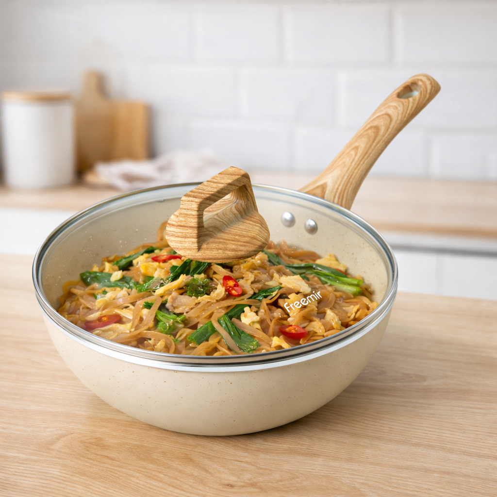 freemir Wok Pan Wajan Teflon Kukus Granit 24 cm Tutup Kaca Tebal Anti Lengket Gagang Kayu Anti Lapuk