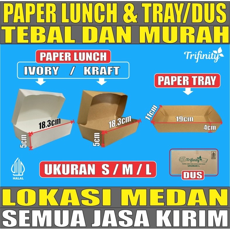 Paper Lunch Box Food Tray Kotak Makan Kertas Tebal 28gr Halal S M L Ivory Putih Kraft Coklat Dus Js 