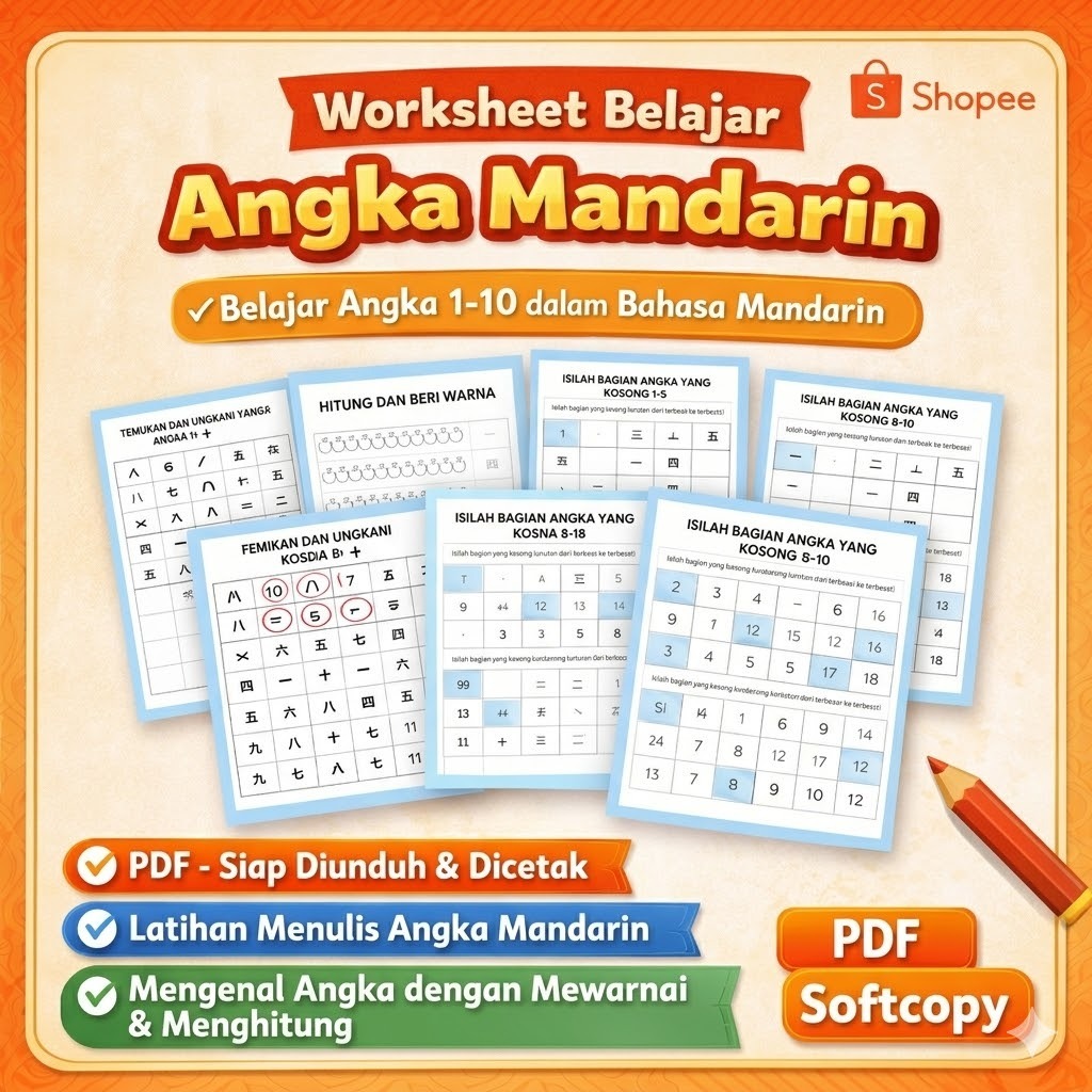 Worksheet Anak Angka Mandarin 1-10 | PDF Printable | Latihan Menulis & Berhitung | Belajar Bahasa Ma