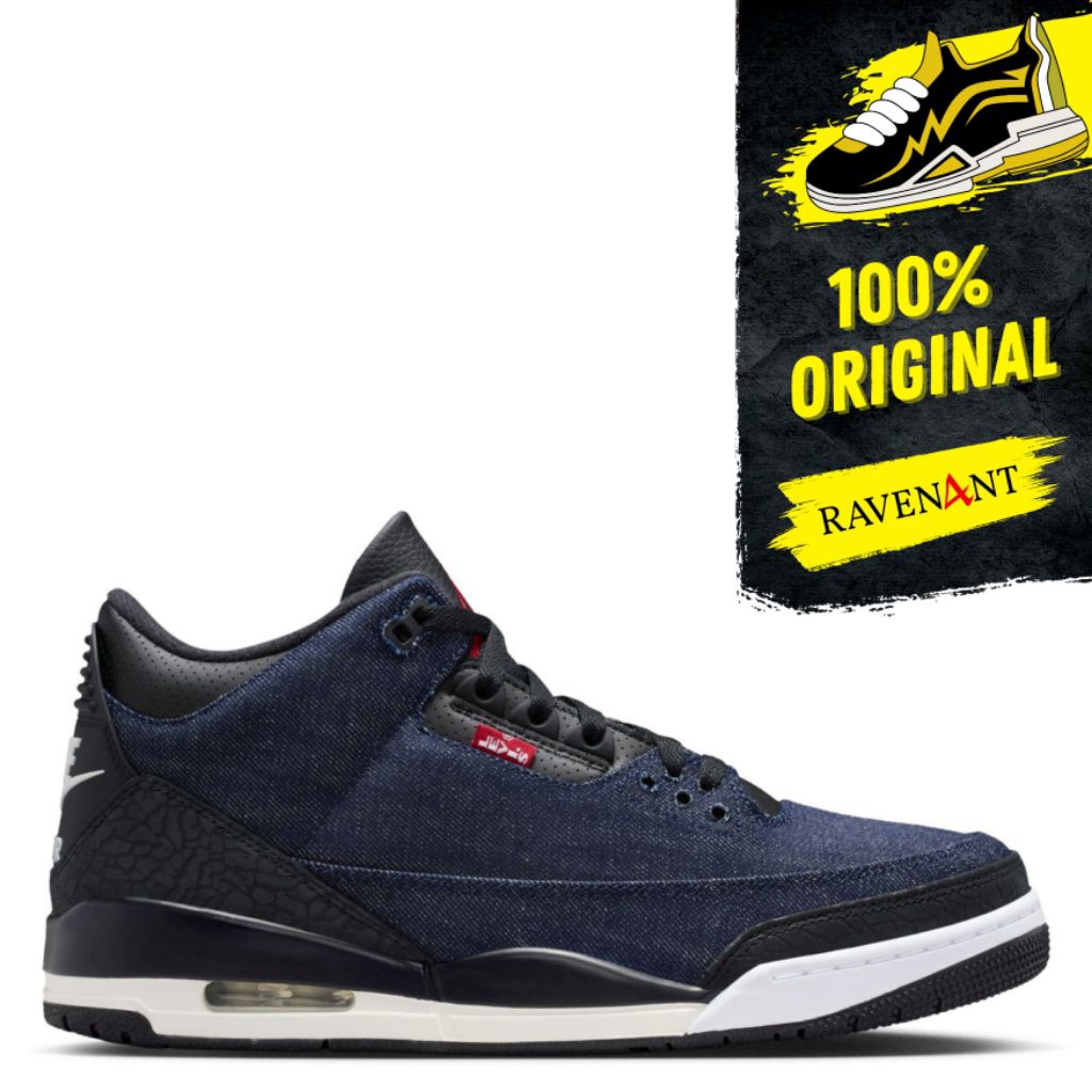 NIKE Air Jordan 3 Retro x LEVI'S Denim Indigo Gym Red ORIGINAL - Sepatu Sneakers Pria